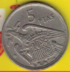西班牙1957年5比塞塔 铜镍合金 实物图 八五品