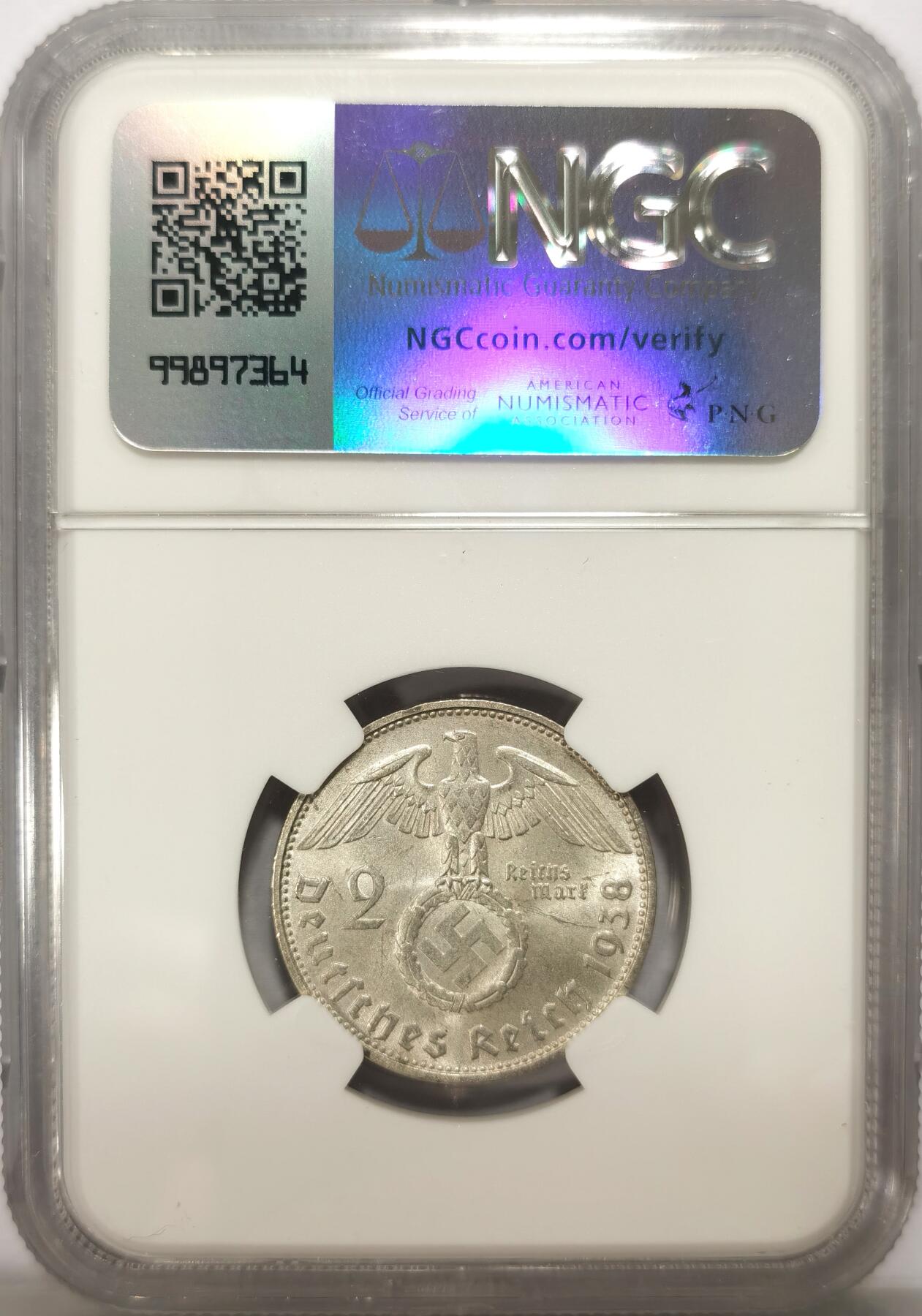 博洋堂世界钱币拍卖第123期（全场包邮） NGC MS64 德国第三帝国1938年D版兴登堡2马克银币