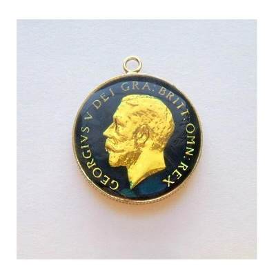 英国1919年乔治五世银币 珐琅彩镀金高浮雕精制银币章吊坠 25MM - 英国1919年乔治五世银币 珐琅彩镀金高浮雕精制银币章吊坠 25MM