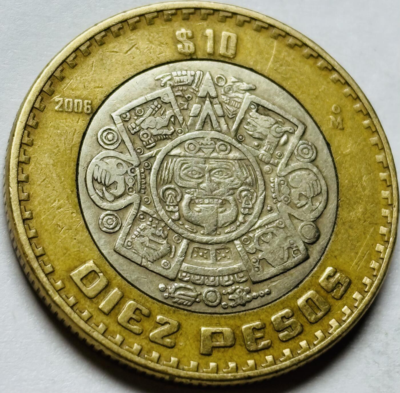 文馨钱币收藏第 244 场，各国古铜币，英系场，寄存时间为 2 个月，请悉知 墨西哥玛雅图腾 10 元双色币
