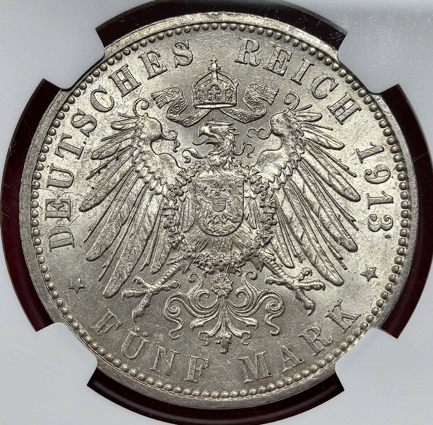 凡希社世界钱币微拍第三百零三期 1913J德国汉堡5马克大银NGC-MS64，银光充沛质感一流的收藏级品相！