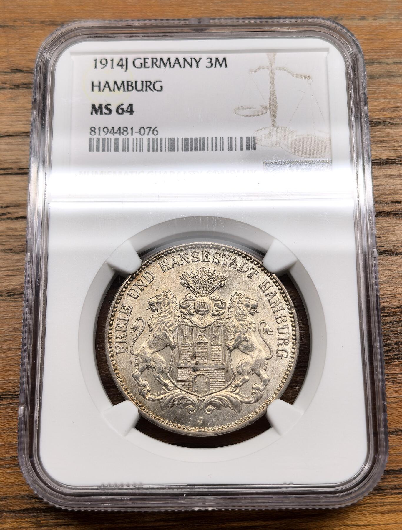 凡希社世界钱币微拍第三百零三期 1914J德国汉堡3马克银币NGC-MS64