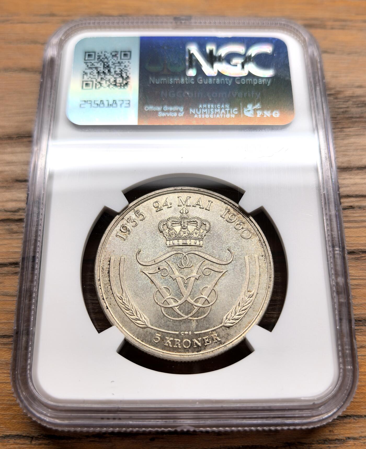 凡希社世界钱币微拍第三百零三期 1960丹麦5克朗纪念银币NGC-MS65