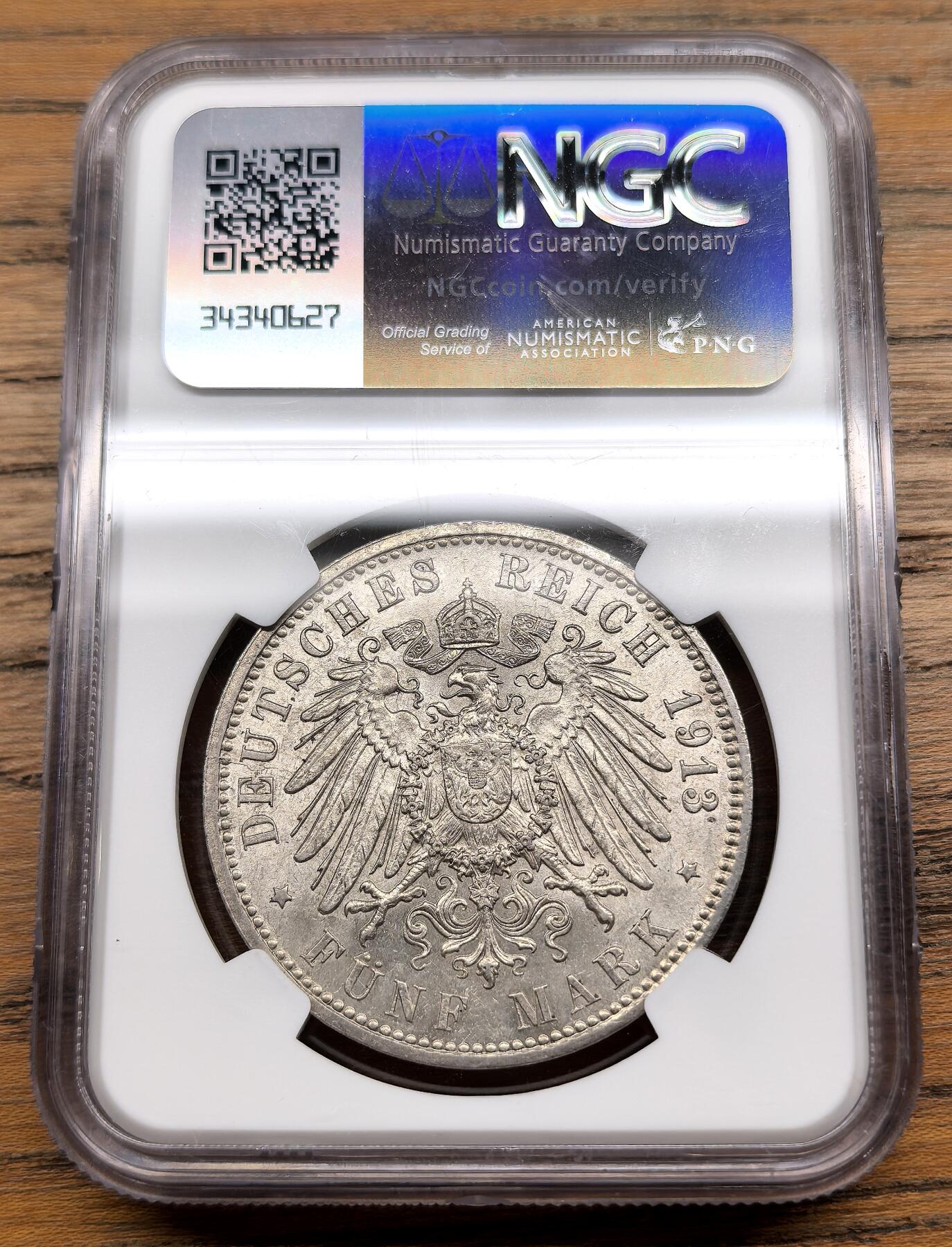 凡希社世界钱币微拍第三百零三期 1913J德国汉堡5马克大银NGC-MS64，银光充沛质感一流的收藏级品相！