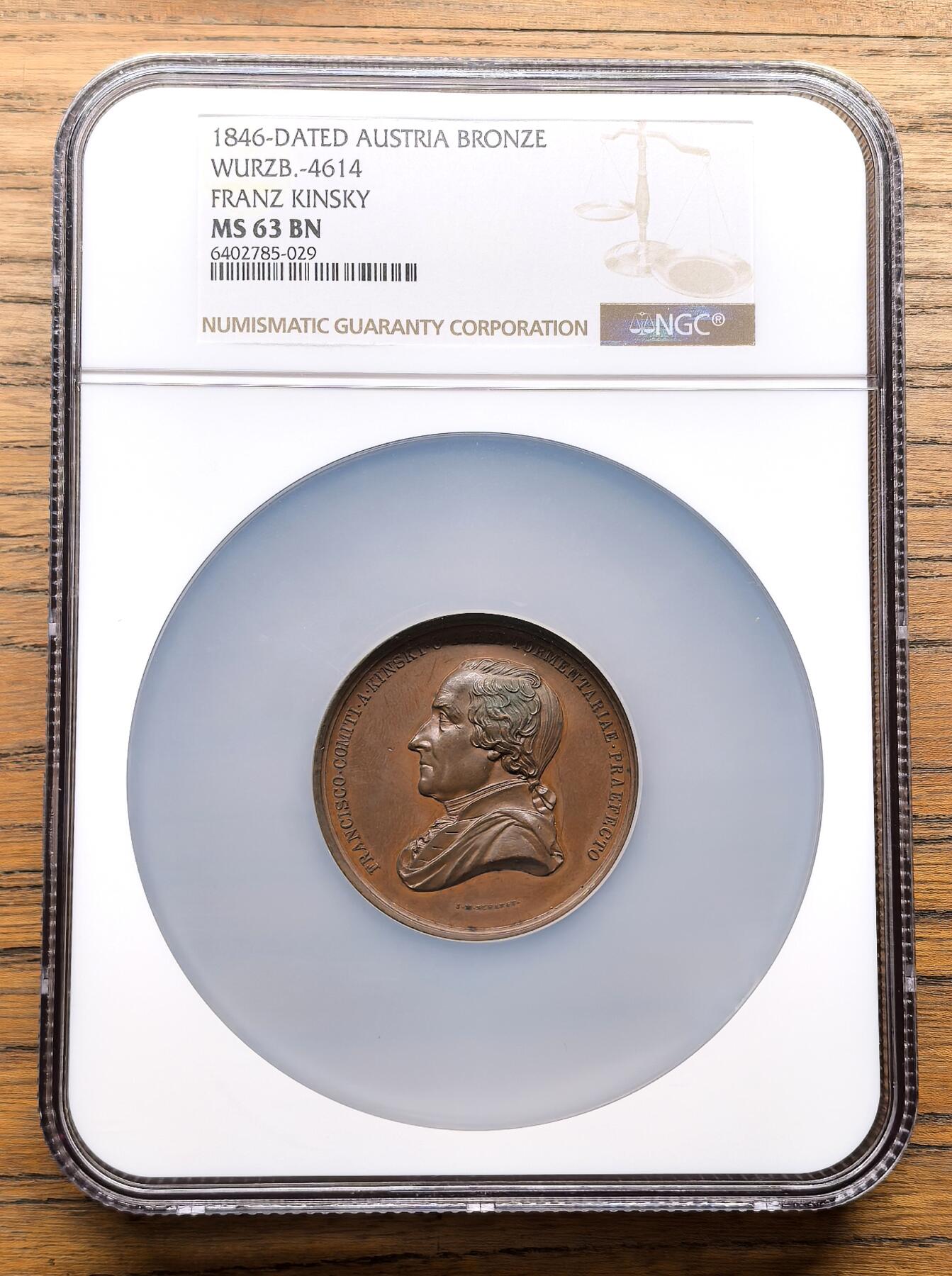 凡希社世界钱币微拍第三百零三期 1846奥地利Franz Kinsky纪念大铜章NGC-MS63