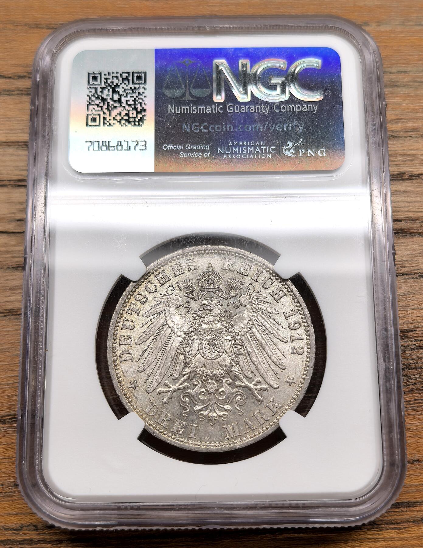 凡希社世界钱币微拍第三百零三期 1912A德国普鲁士3马克银币NGC-MS63，淡紫金环彩。