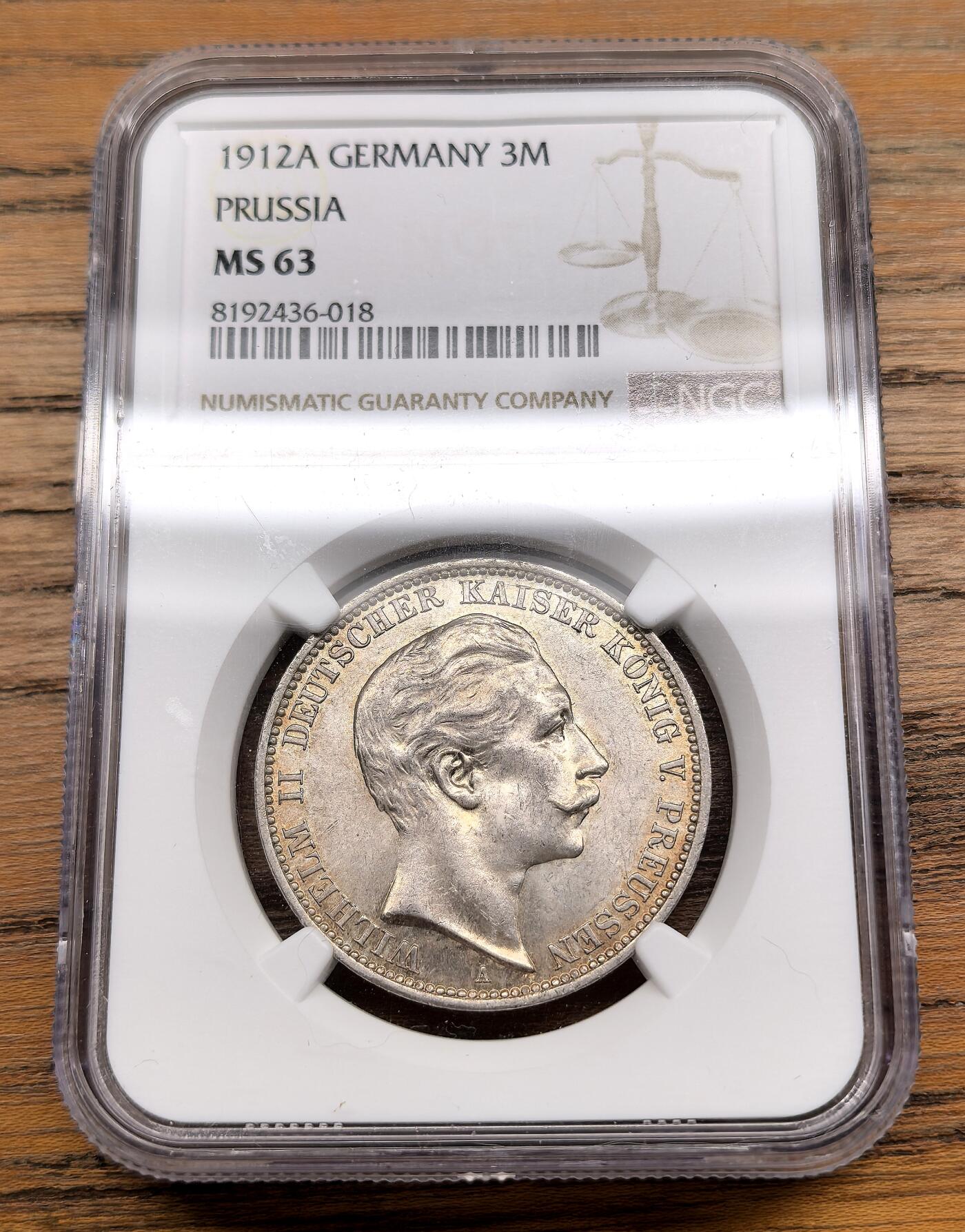 凡希社世界钱币微拍第三百零三期 1912A德国普鲁士3马克银币NGC-MS63，淡紫金环彩。