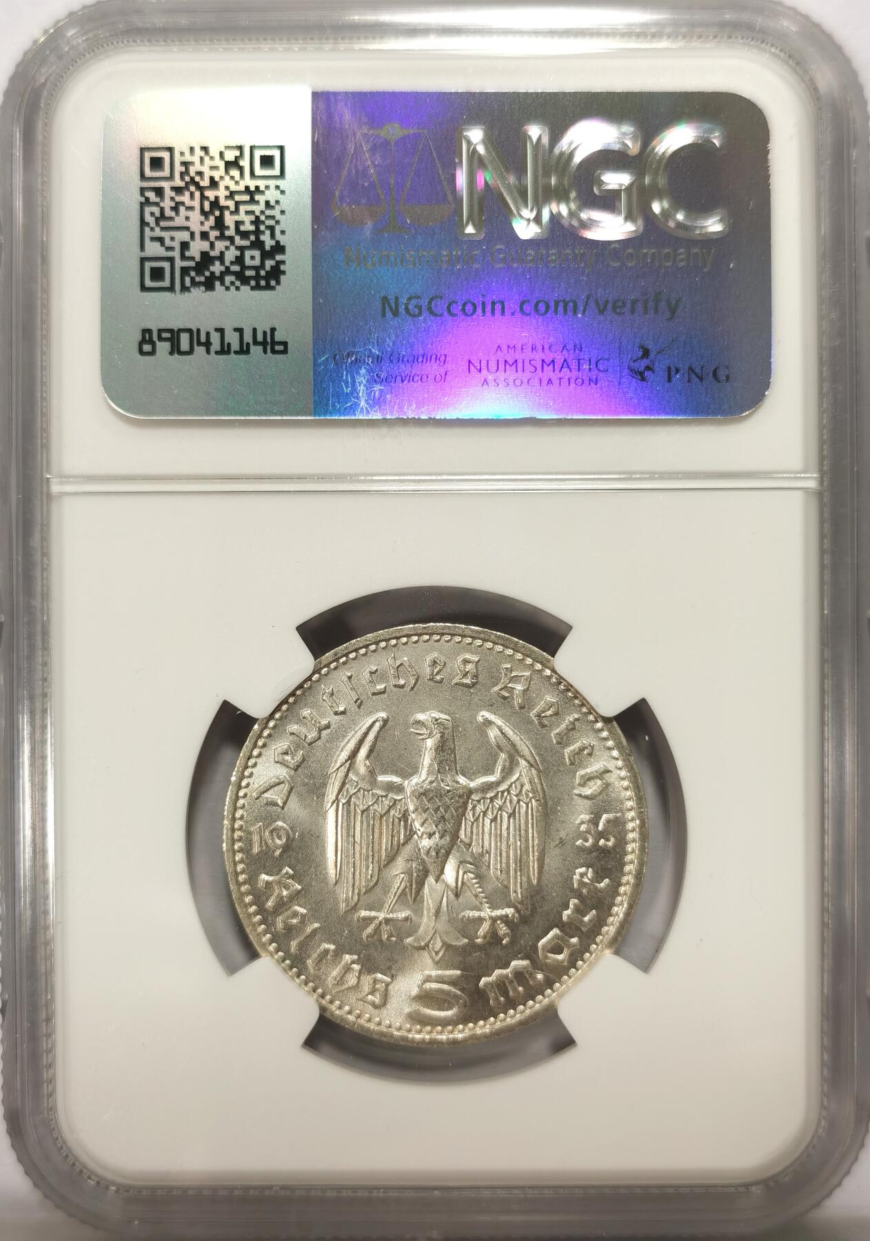 博洋堂世界钱币拍卖第123期（全场包邮） NGC MS64 德国第三帝国1935年D版兴登堡5马克银币
