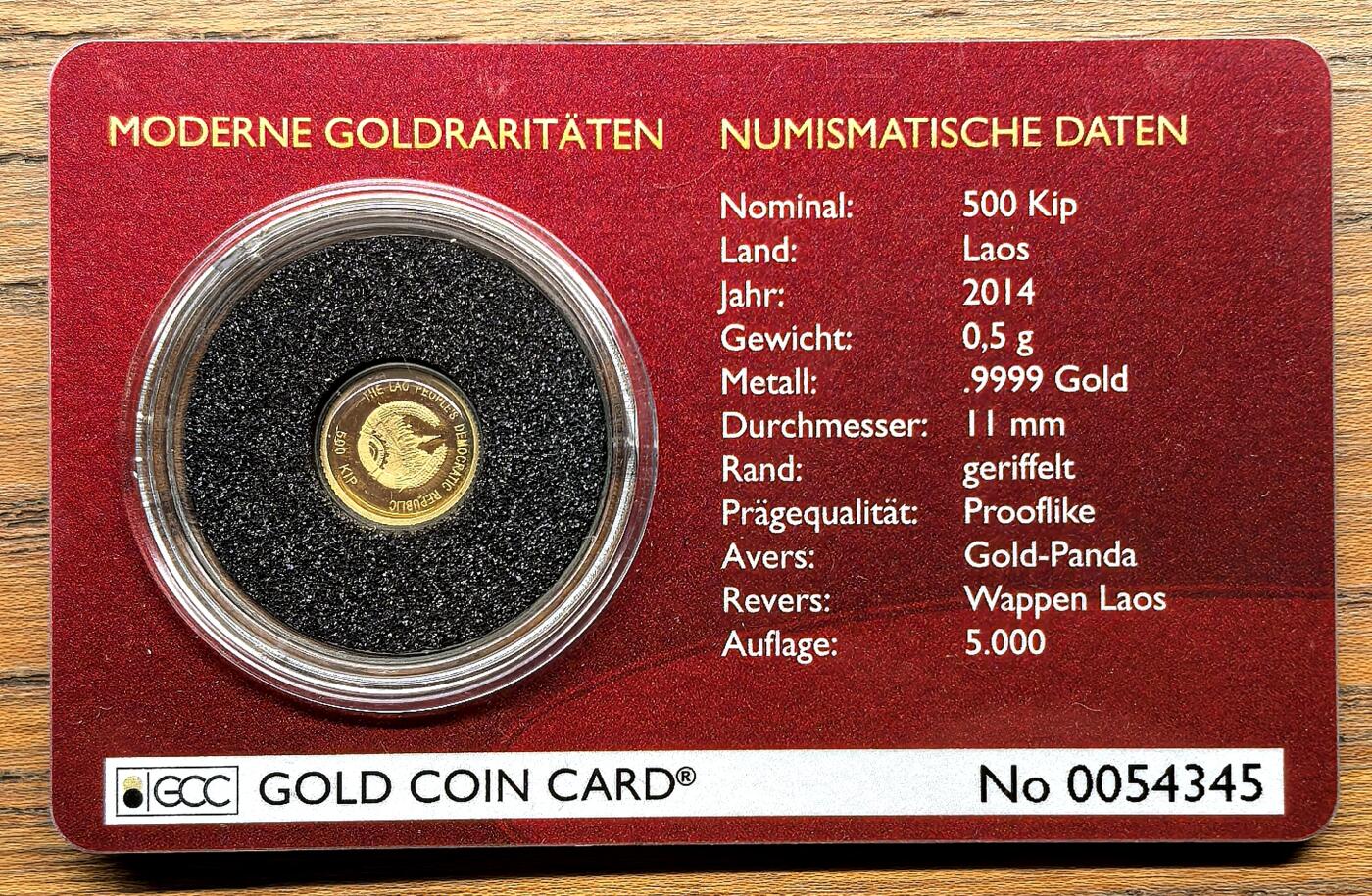 凡希社世界钱币微拍第三百零三期 2014老挝熊猫500Kip金币卡装全品，0.5g，999金。