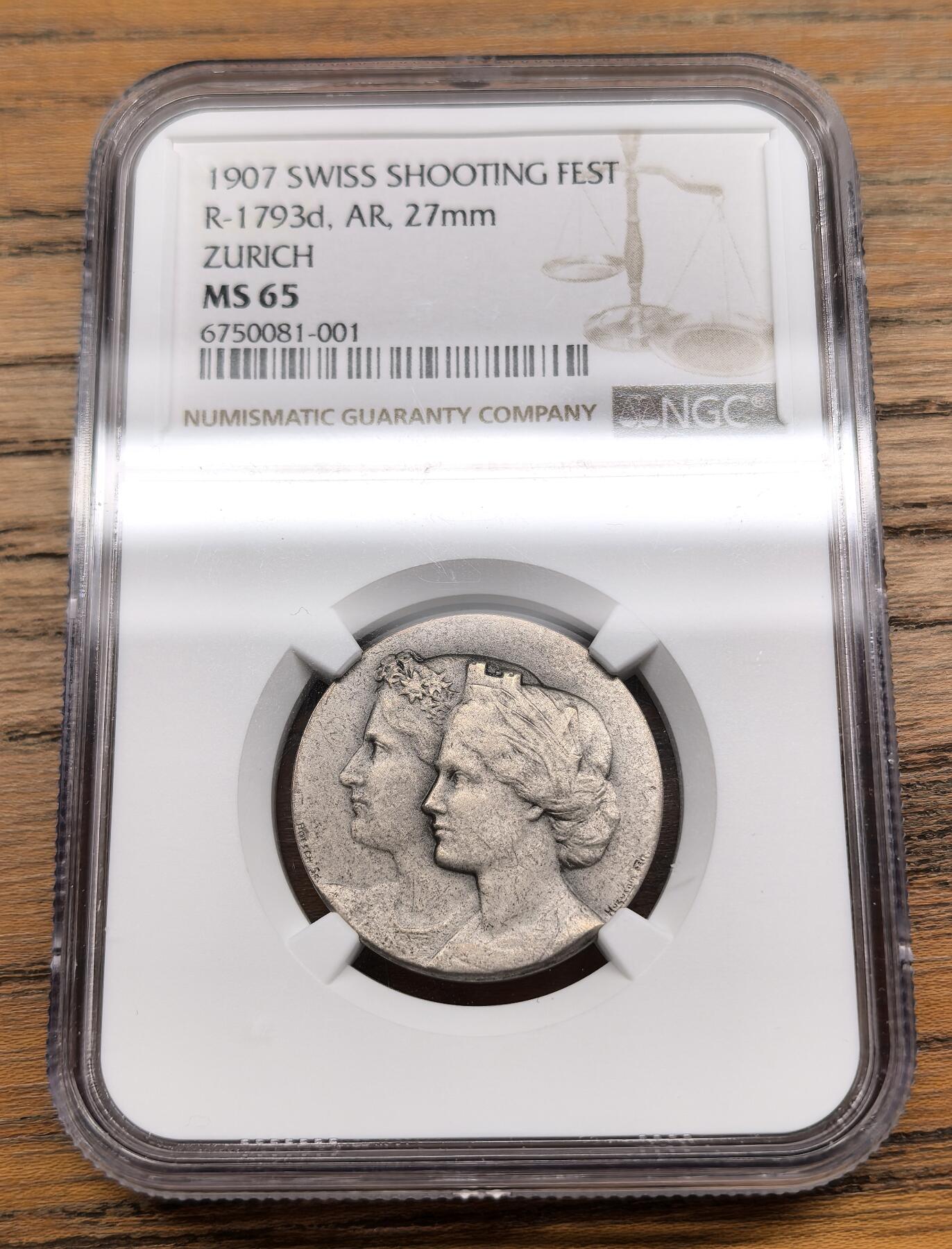 凡希社世界钱币微拍第三百零三期 1907瑞士苏黎世射击节纪念银章NGC-MS65，matte磨砂工艺，设计风格简练优雅，稀少品种，高分收藏级！