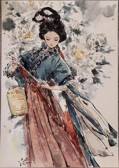 白泽拍卖卡牌手绘专场第17期中福卡展专拍（首夏犹清和，芳草亦未歇） - 2025 迟迟手绘画 文物拟人系列 唐仕女俑 A3尺寸