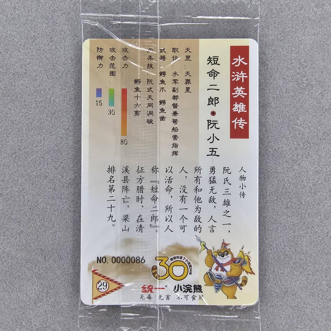 龙虎卡牌第叁陆场 （无佣金，满120包邮，欢迎送拍） 【小编号86】普卡小卡 小浣熊2025水浒英雄传-阮小五
