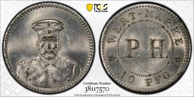 万国钱币拍卖第046期 - PCGS MS63 20世纪初德占胶州镀镍黄铜10芬尼代币 名誉品种 柏林厂铸造 光泽出众 车轮光尽现 打制规整 PC冠军分 SBP拍卖原物