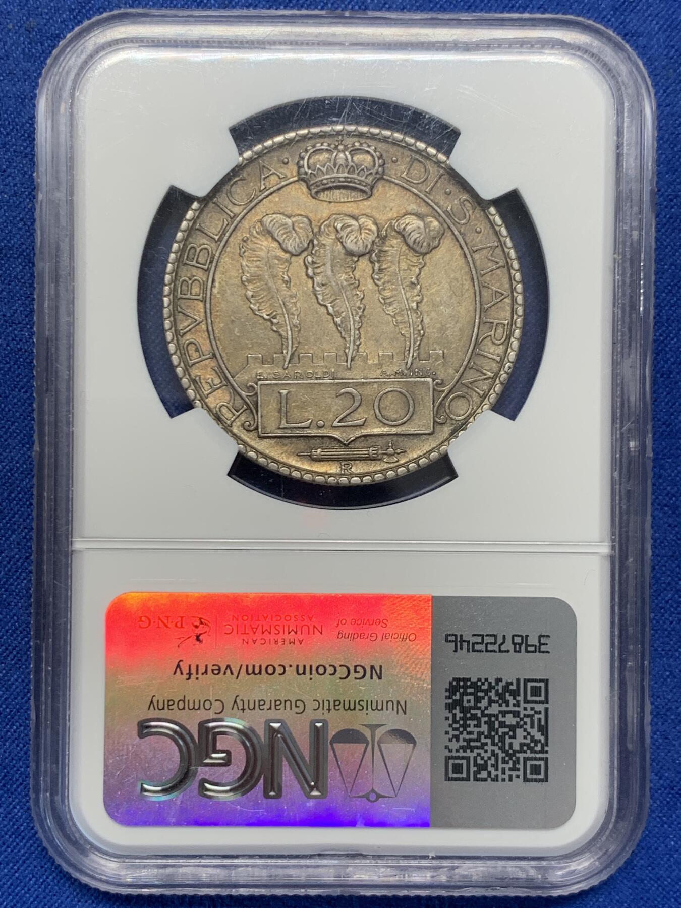 《竞宝斋》第380场 周日，周一 2场连拍 （全场包邮） NGC AU53 圣马力诺1933年20里拉大银币 深彩包浆