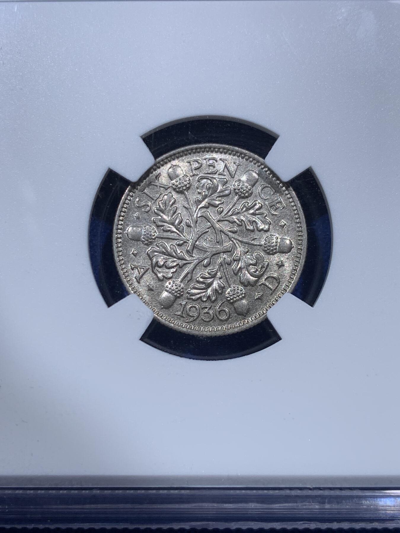 《竞宝斋》第380场 周日，周一 2场连拍 （全场包邮） NGC MS63 英国 1936年 乔治五世橡树叶版6便士银币