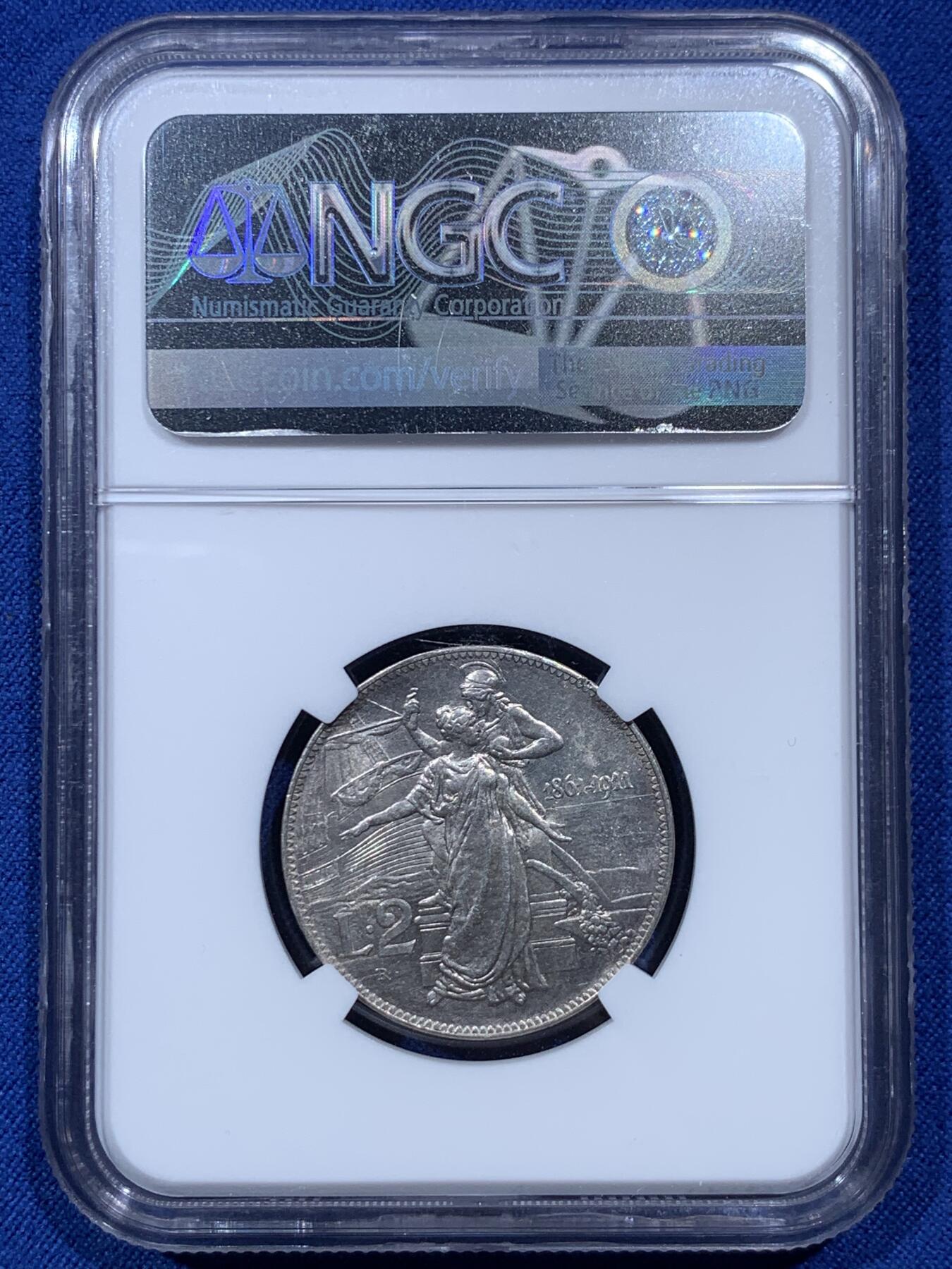 《竞宝斋》第380场 周日，周一 2场连拍 （全场包邮） NGC MS62 意大利 1911年 意大利王国50周年纪念2里拉银币