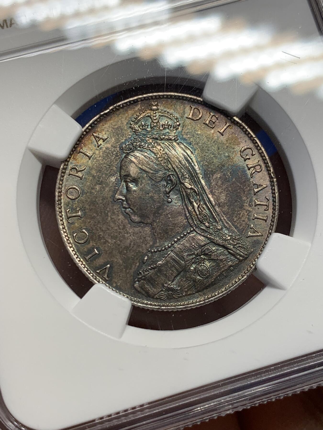 《竞宝斋》第380场 周日，周一 2场连拍 （全场包邮） NGC AU58 英国1887年维多利亚高冠2先令银币
