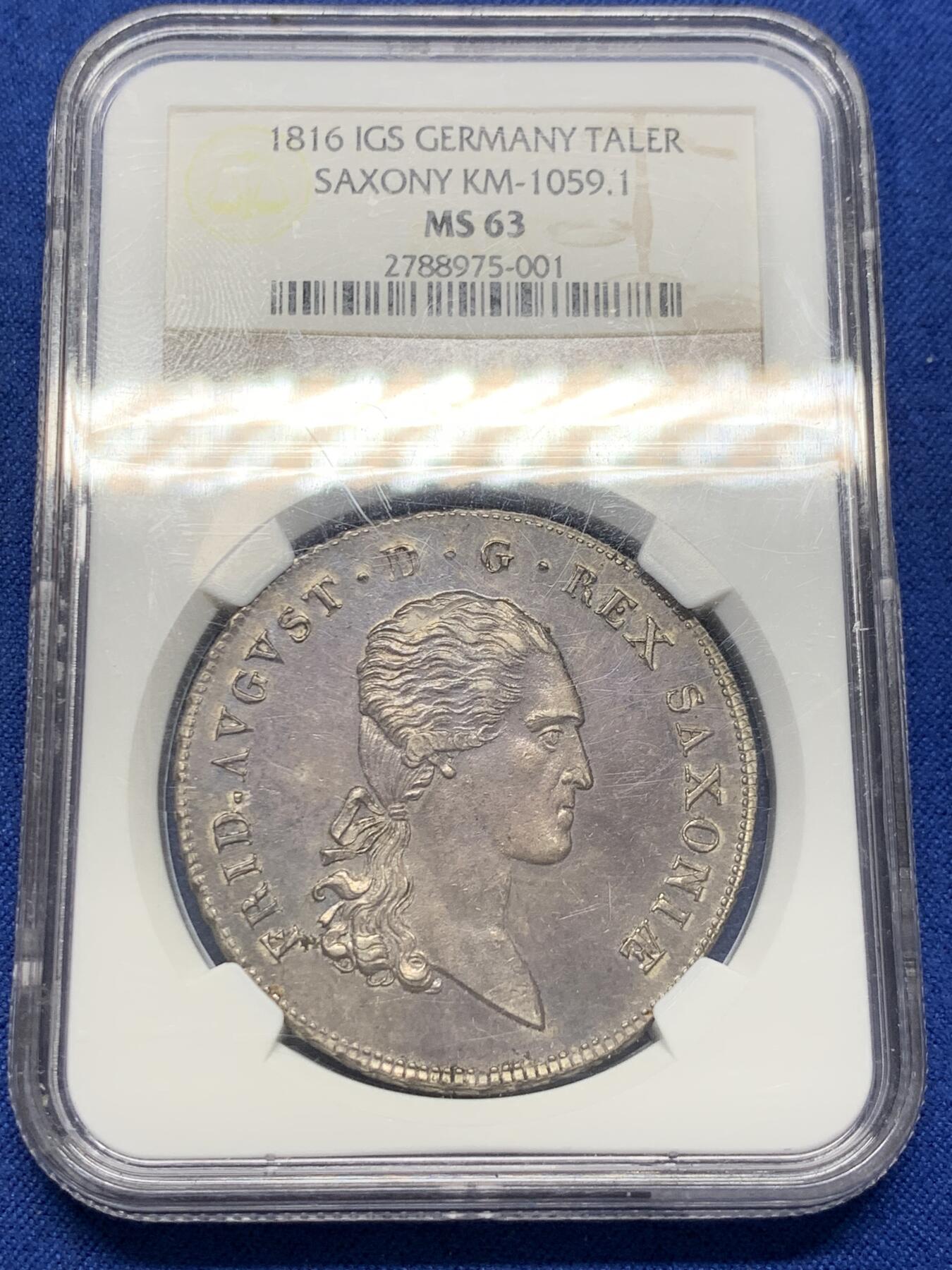 《竞宝斋》第380场 周日，周一 2场连拍 （全场包邮） 冠军分 NGC MS63 德国 1816 萨克森王国  奥古斯特一世 泰勒大银币 双面深打 老盒严评 PL底板 小盾徽版 值得入藏