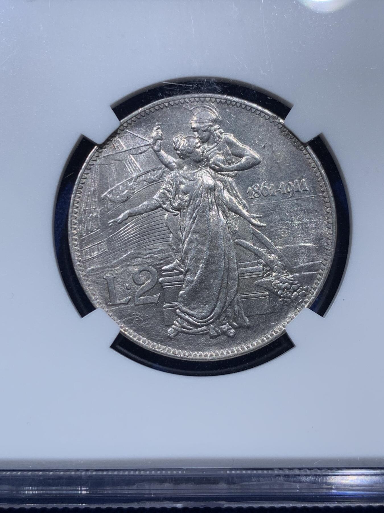 《竞宝斋》第380场 周日，周一 2场连拍 （全场包邮） NGC MS62 意大利 1911年 意大利王国50周年纪念2里拉银币