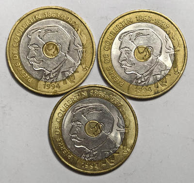 紫瑗钱币——第578期 - 法国 1994年 奥运之父顾拜旦100周年双色纪念币 20法郎  三枚一组 流通品相