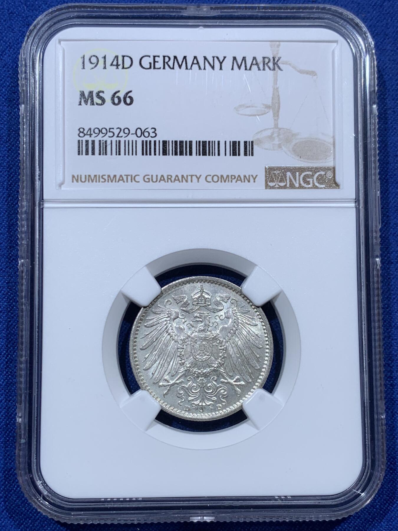 《竞宝斋》第380场 周日，周一 2场连拍 （全场包邮） NGC MS66 德国 1914年-D版 1马克银币 高分好状态