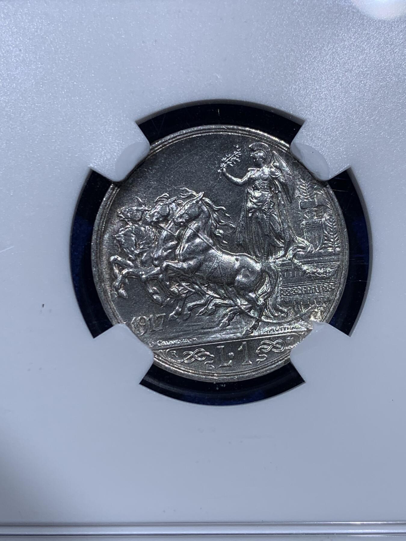 《竞宝斋》第380场 周日，周一 2场连拍 （全场包邮） NGC MS63 意大利 1917年 1里拉 银币