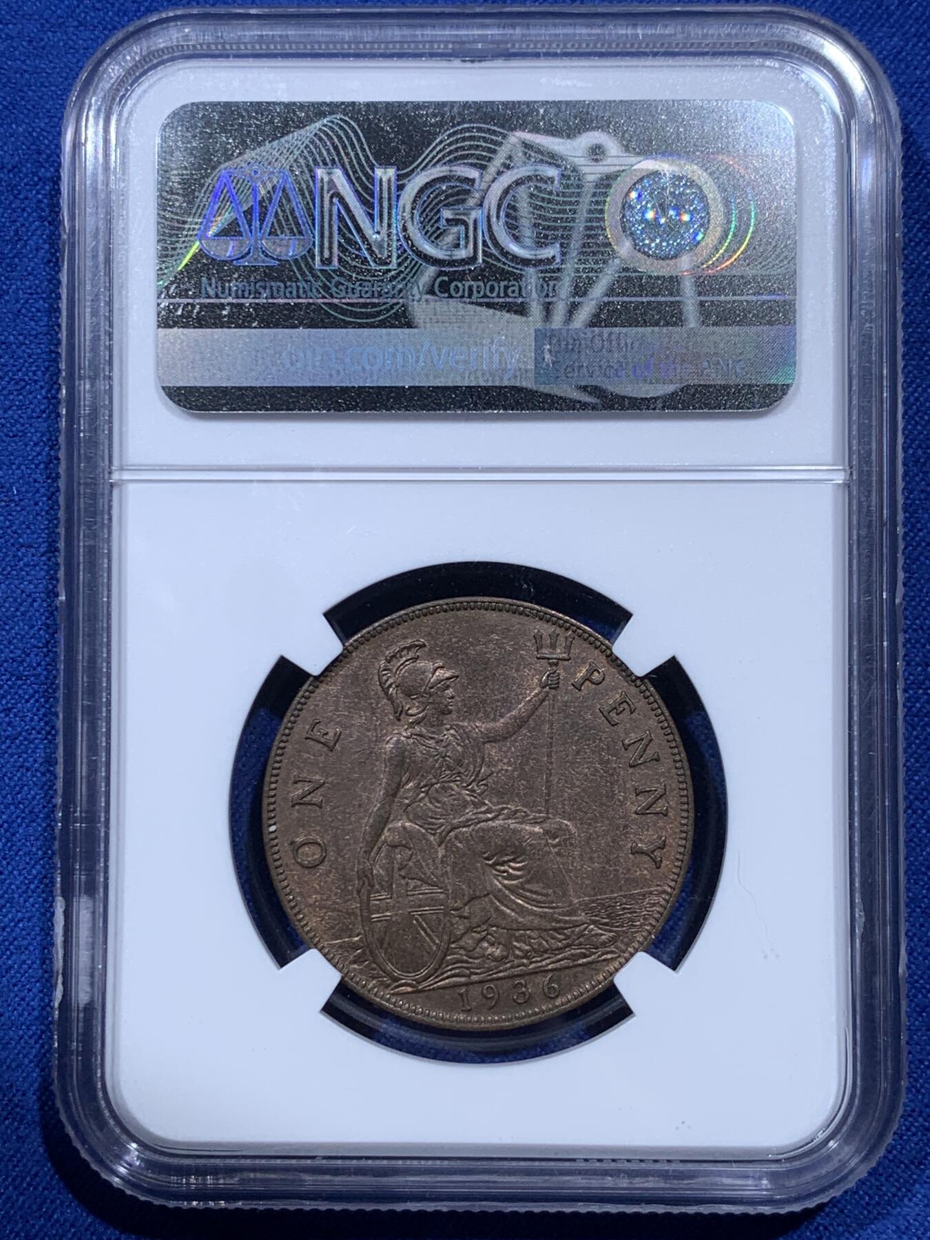 《竞宝斋》第380场 周日，周一 2场连拍 （全场包邮） NGC MS63BN 英国 1936年 乔治五世小头1便士铜币