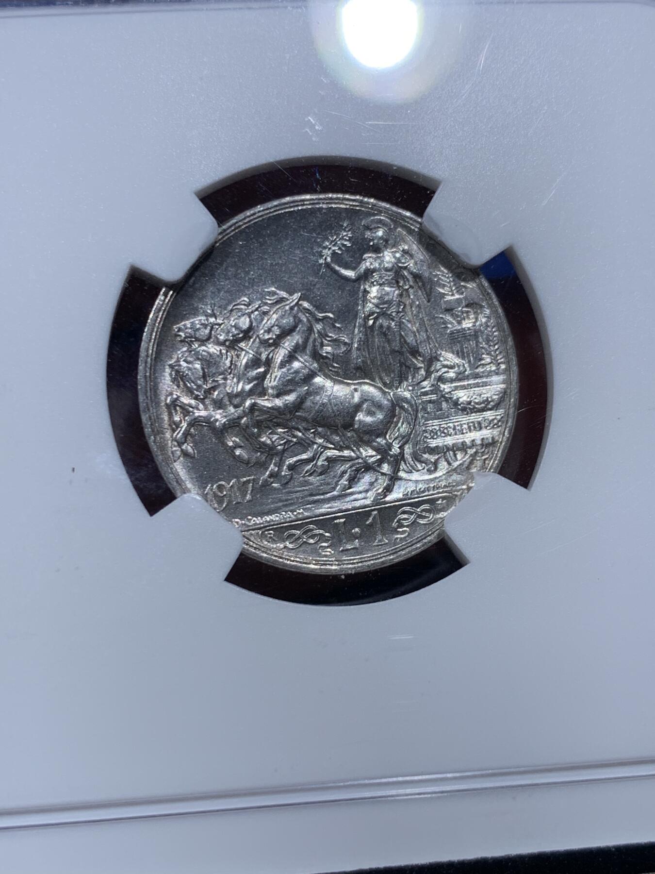 《竞宝斋》第380场 周日，周一 2场连拍 （全场包邮） NGC MS63 意大利 1917年 1里拉 银币