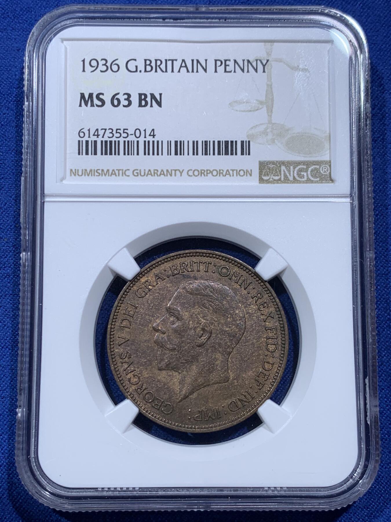 《竞宝斋》第380场 周日，周一 2场连拍 （全场包邮） NGC MS63BN 英国 1936年 乔治五世小头1便士铜币