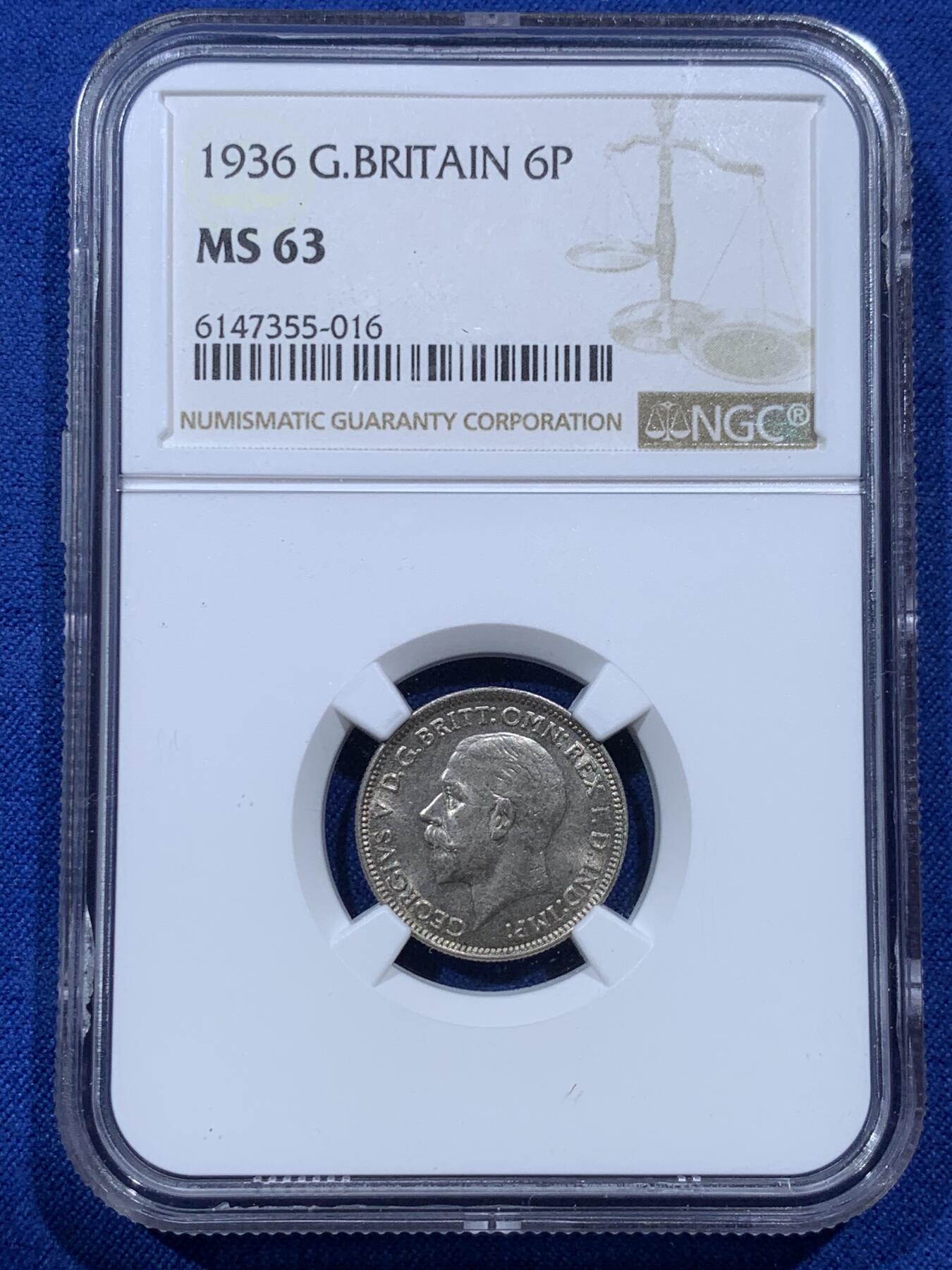 《竞宝斋》第380场 周日，周一 2场连拍 （全场包邮） NGC MS63 英国 1936年 乔治五世橡树叶版6便士银币