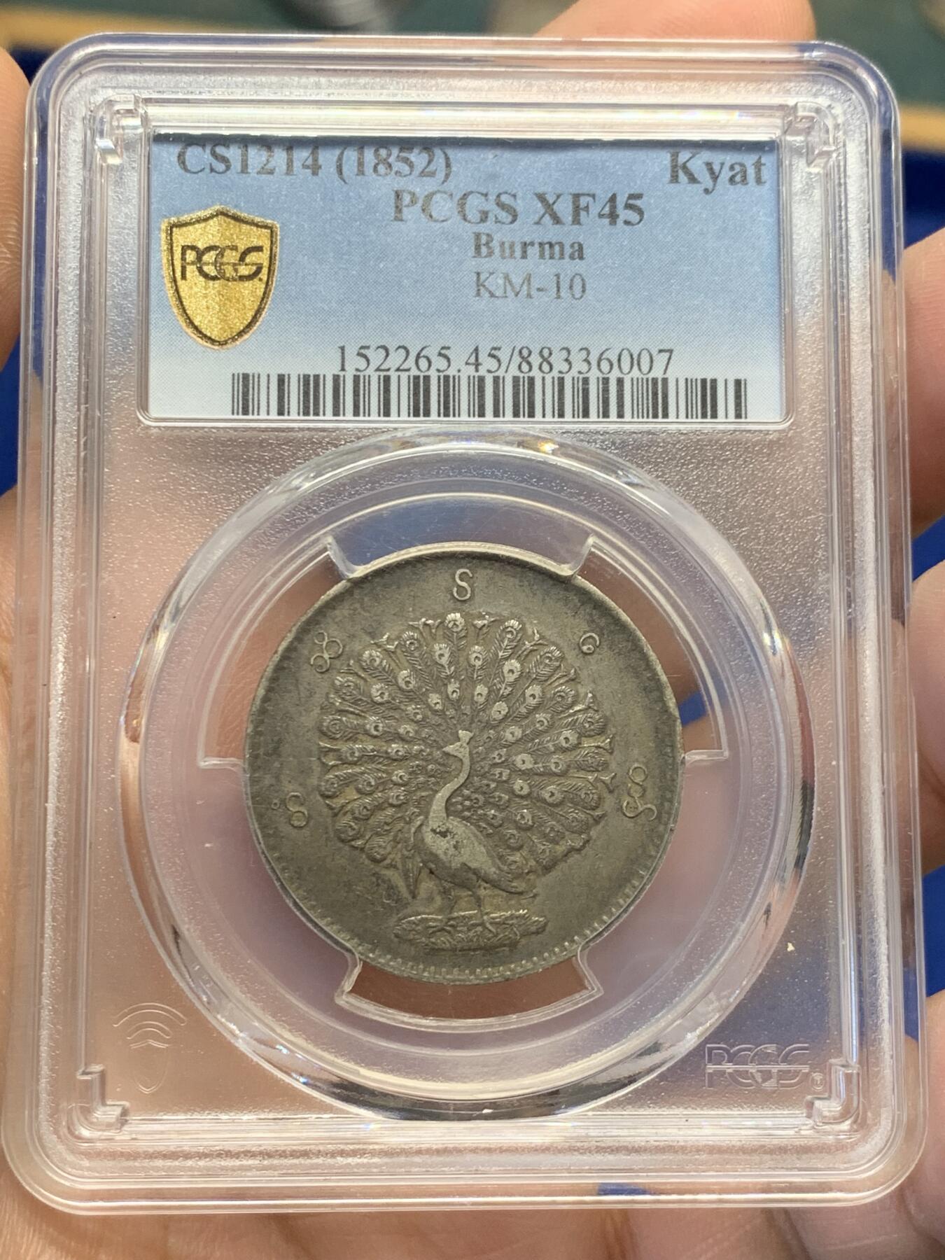《竞宝斋》第380场 周日，周一 2场连拍 （全场包邮） PCGS XF45 缅甸孔雀大银币 醇厚的老酱彩包浆 收藏佳品