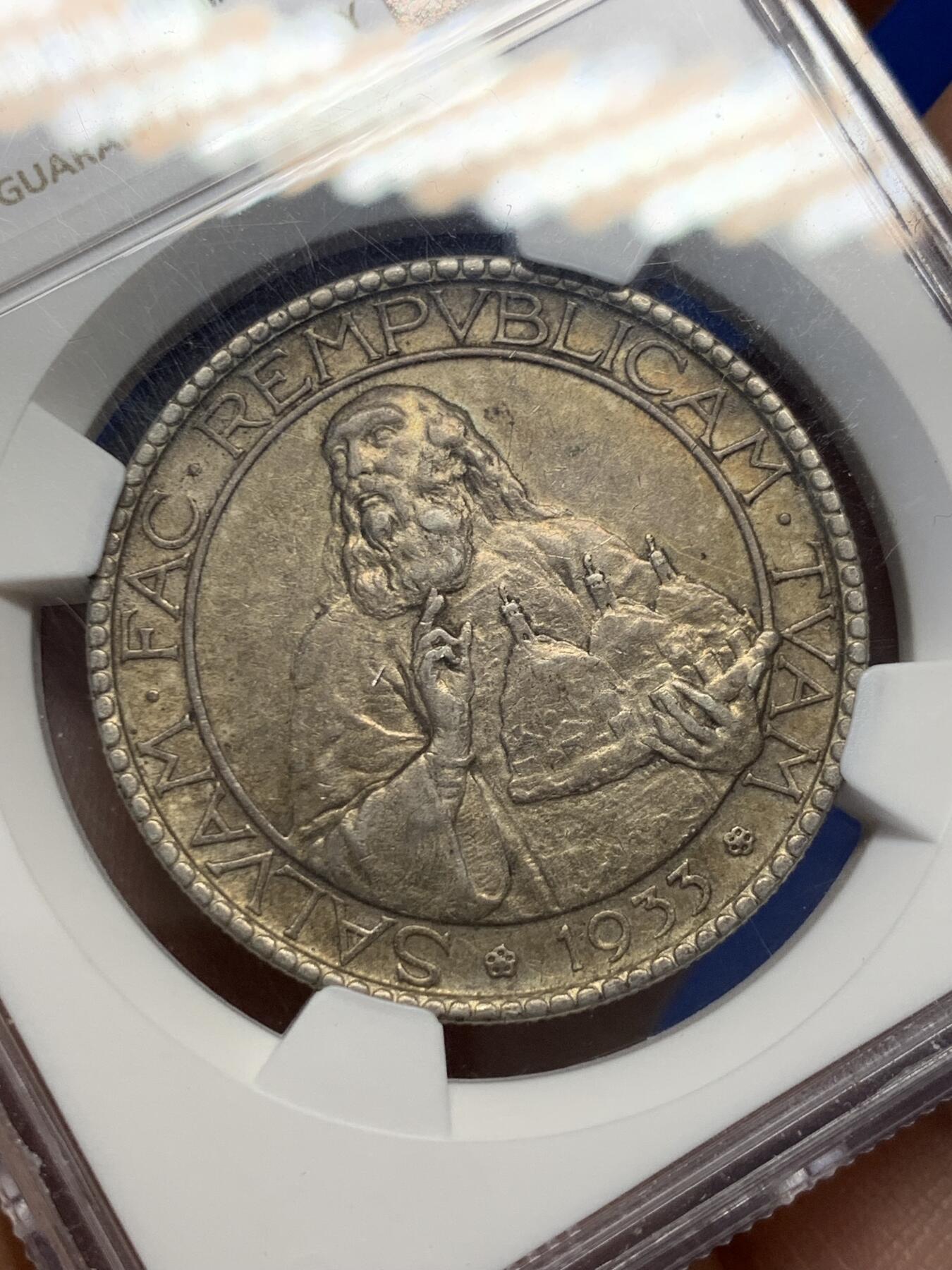 《竞宝斋》第380场 周日，周一 2场连拍 （全场包邮） NGC AU53 圣马力诺1933年20里拉大银币 深彩包浆