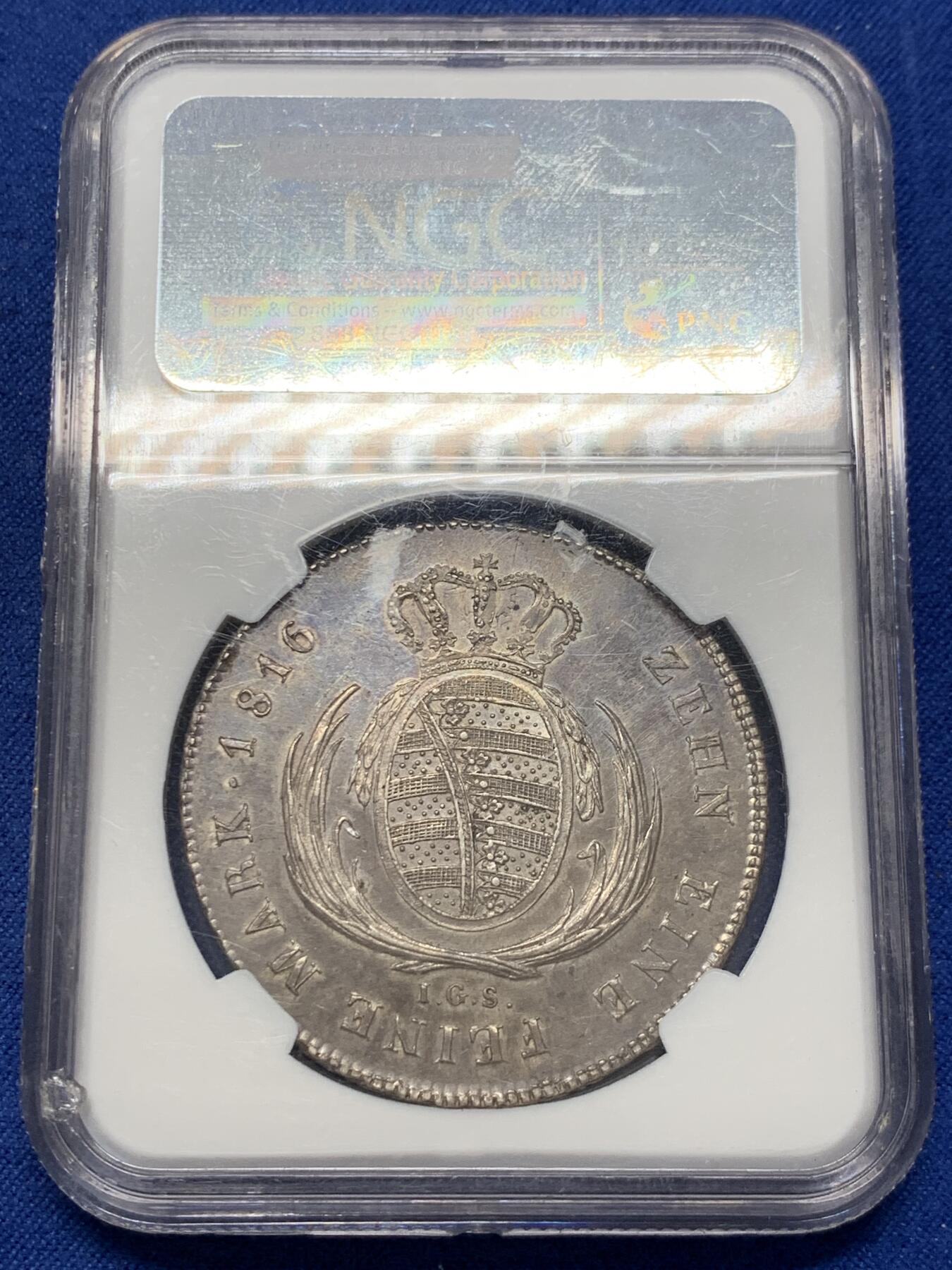 《竞宝斋》第380场 周日，周一 2场连拍 （全场包邮） 冠军分 NGC MS63 德国 1816 萨克森王国  奥古斯特一世 泰勒大银币 双面深打 老盒严评 PL底板 小盾徽版 值得入藏