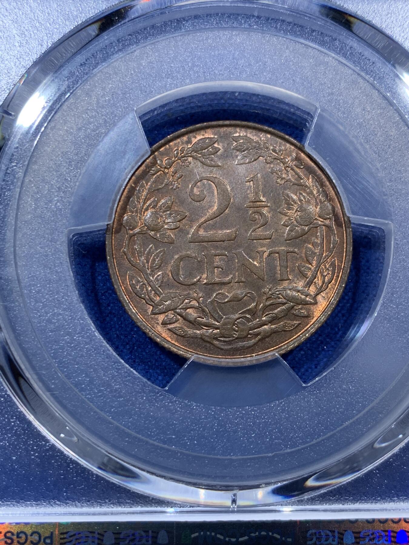 《竞宝斋》第380场 周日，周一 2场连拍 （全场包邮） PCGS MS65RB 高分 少见品种 1959荷属安地列斯 2.5分铜币 铜光漂亮 细节清晰 特别是狮子栩栩如生 可藏