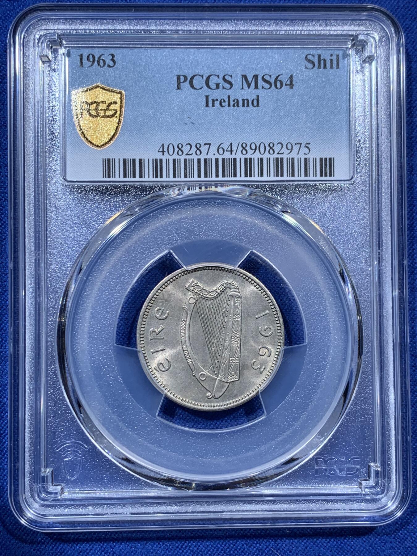 《竞宝斋》第380场 周日，周一 2场连拍 （全场包邮） PCGS MS64 爱尔兰1963年1先令 经典野牛图案 非常受欢迎的动物币 两面转光 个人认为低评了