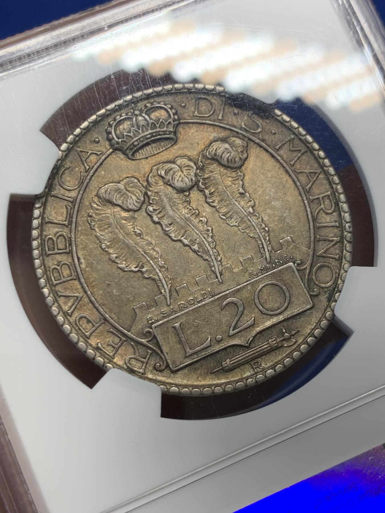 《竞宝斋》第380场 周日，周一 2场连拍 （全场包邮） NGC AU53 圣马力诺1933年20里拉大银币 深彩包浆