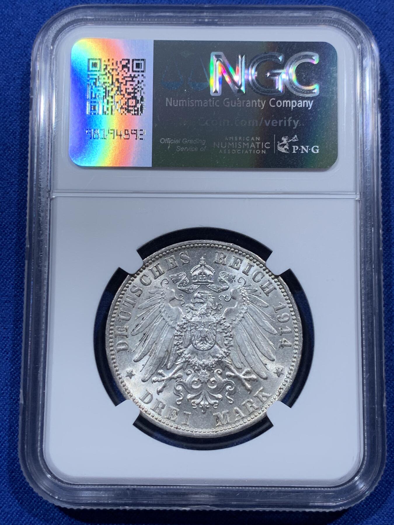 《竞宝斋》第380场 周日，周一 2场连拍 （全场包邮） NGC MS62 德国1914符腾堡威廉二世3马克银币 原光品相