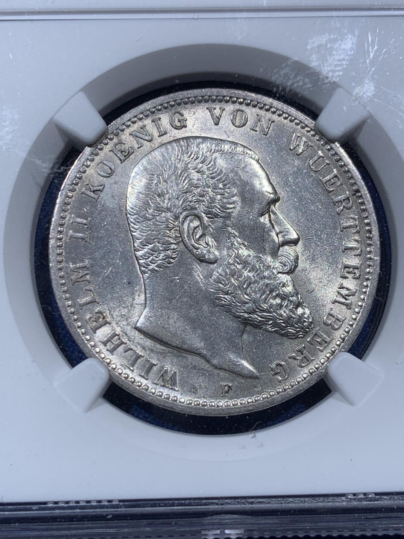 《竞宝斋》第380场 周日，周一 2场连拍 （全场包邮） NGC MS62 德国1914符腾堡威廉二世3马克银币 原光品相