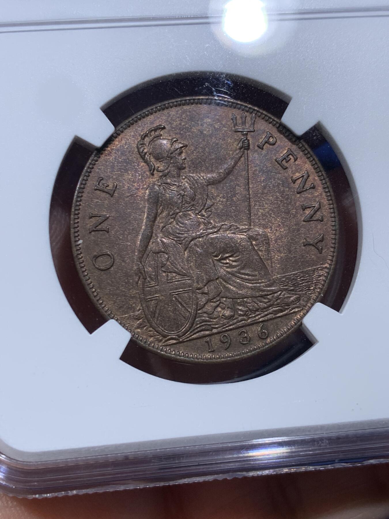 《竞宝斋》第380场 周日，周一 2场连拍 （全场包邮） NGC MS63BN 英国 1936年 乔治五世小头1便士铜币