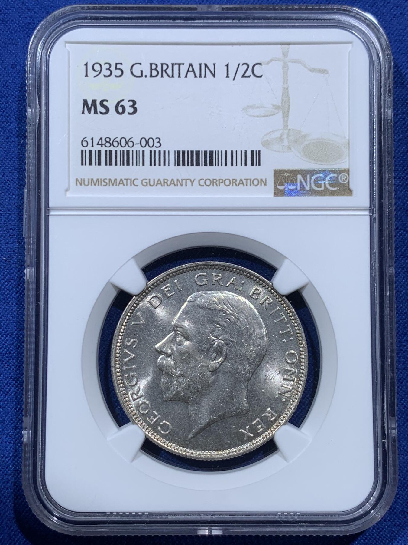 《竞宝斋》第380场 周日，周一 2场连拍 （全场包邮） NGC MS63 英国 1935年 乔治五世1/2克朗银币