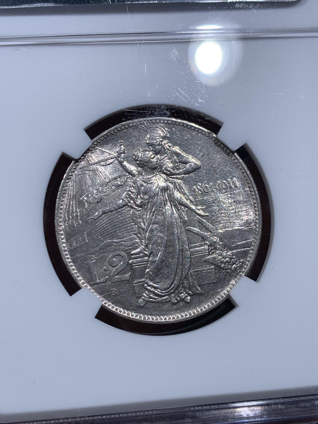《竞宝斋》第380场 周日，周一 2场连拍 （全场包邮） NGC MS62 意大利 1911年 意大利王国50周年纪念2里拉银币