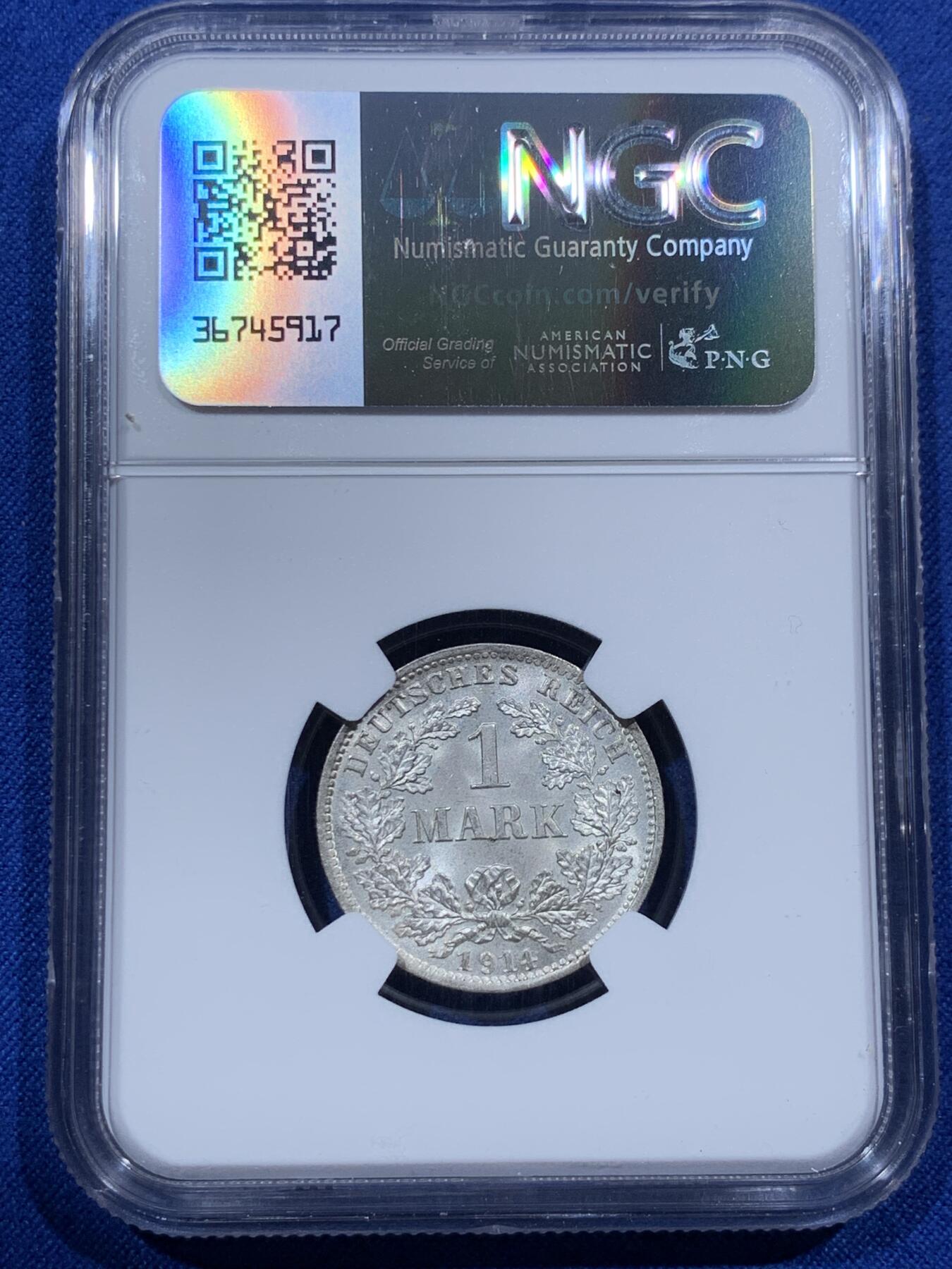 《竞宝斋》第380场 周日，周一 2场连拍 （全场包邮） NGC MS66 德国 1914年-D版 1马克银币 高分好状态