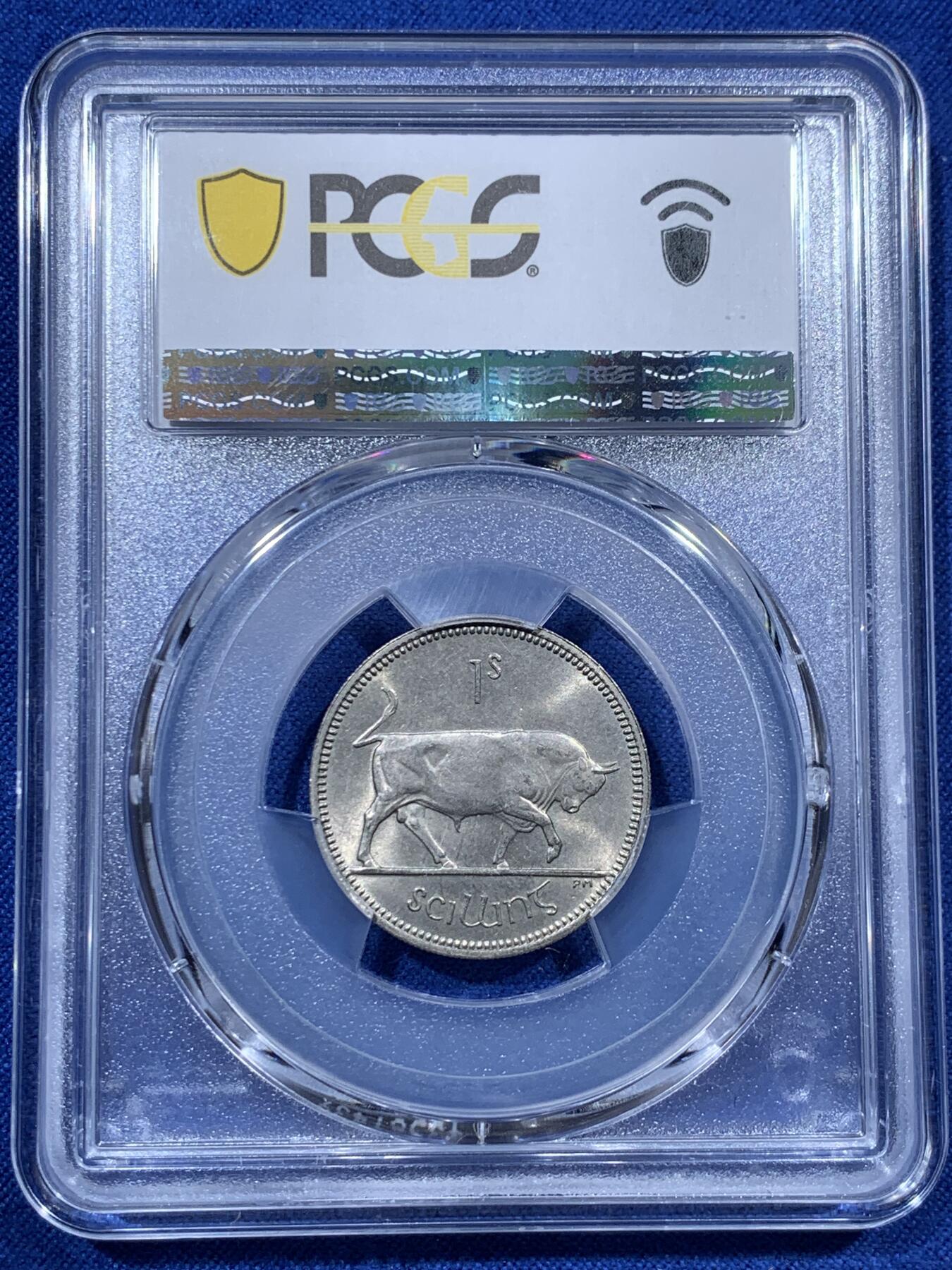 《竞宝斋》第380场 周日，周一 2场连拍 （全场包邮） PCGS MS64 爱尔兰1963年1先令 经典野牛图案 非常受欢迎的动物币 两面转光 个人认为低评了