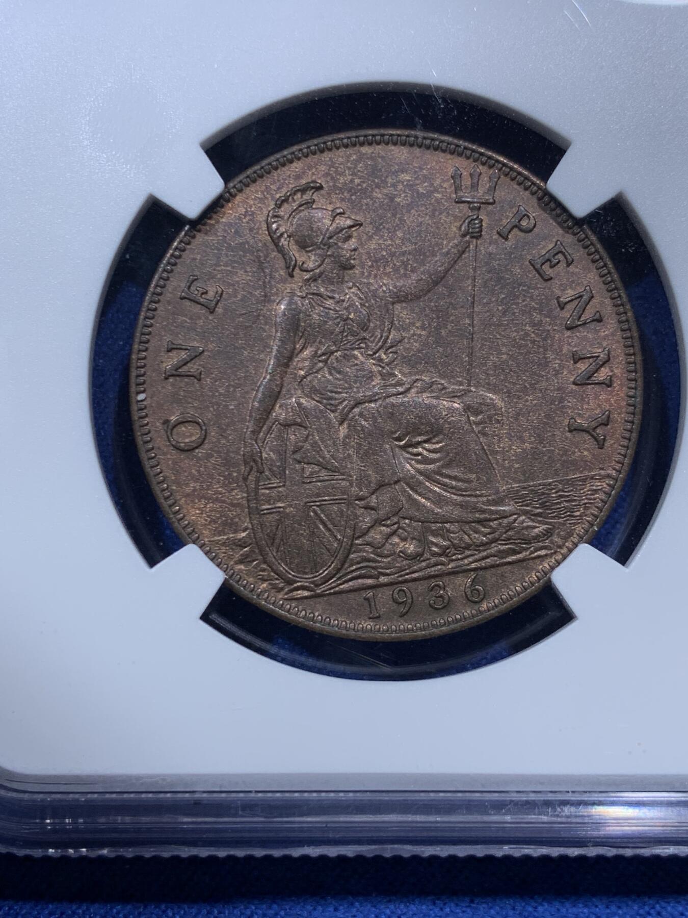 《竞宝斋》第380场 周日，周一 2场连拍 （全场包邮） NGC MS63BN 英国 1936年 乔治五世小头1便士铜币