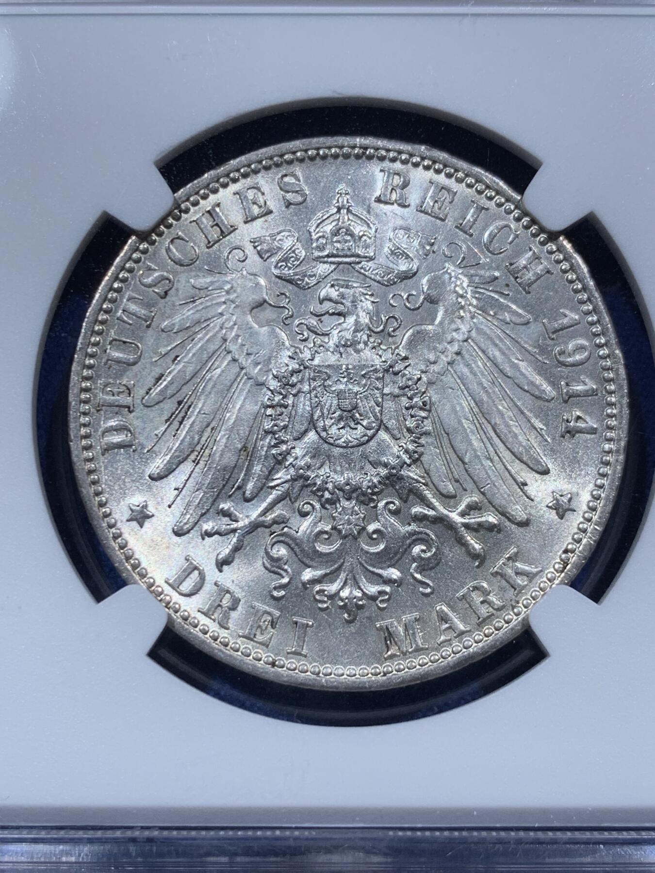 《竞宝斋》第380场 周日，周一 2场连拍 （全场包邮） NGC MS62 德国1914符腾堡威廉二世3马克银币 原光品相