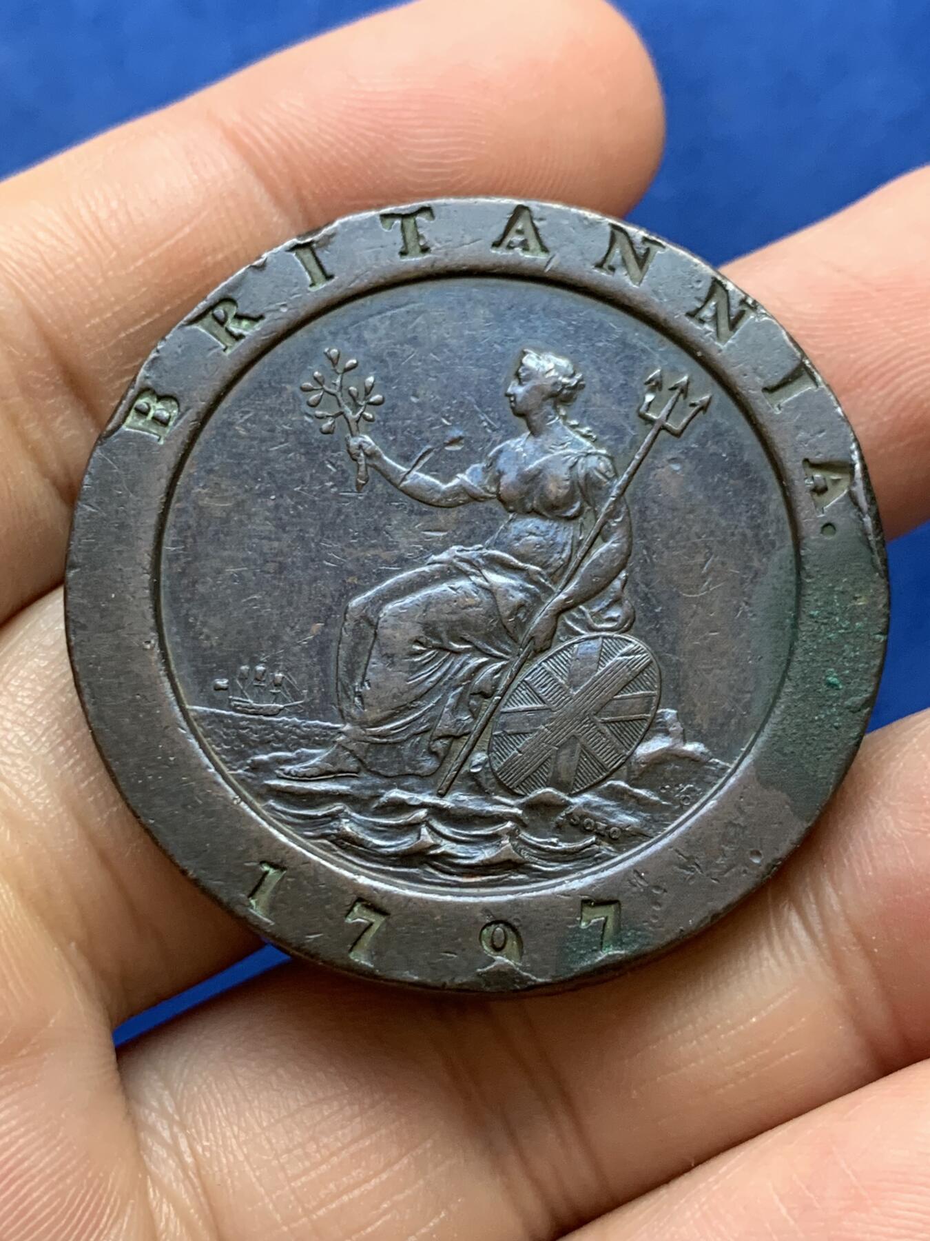 《竞宝斋》第380场 周日，周一 2场连拍 （全场包邮） 英国 1797 乔治三世 车轮2便士铜币 状态不错 细节见图