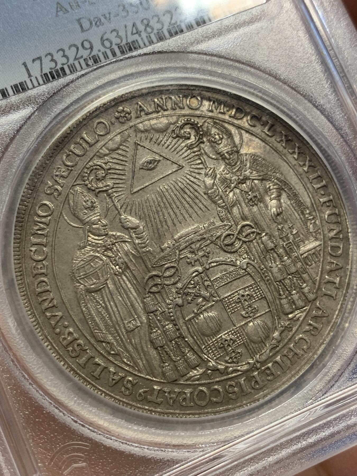 《竞宝斋》第380场 周日，周一 2场连拍 （全场包邮） NGC MS63 奥地利萨尔茨堡 1682年 主教区建立1100年泰勒大银币 光度极好 细节精美 稀少品种 加厚盒装