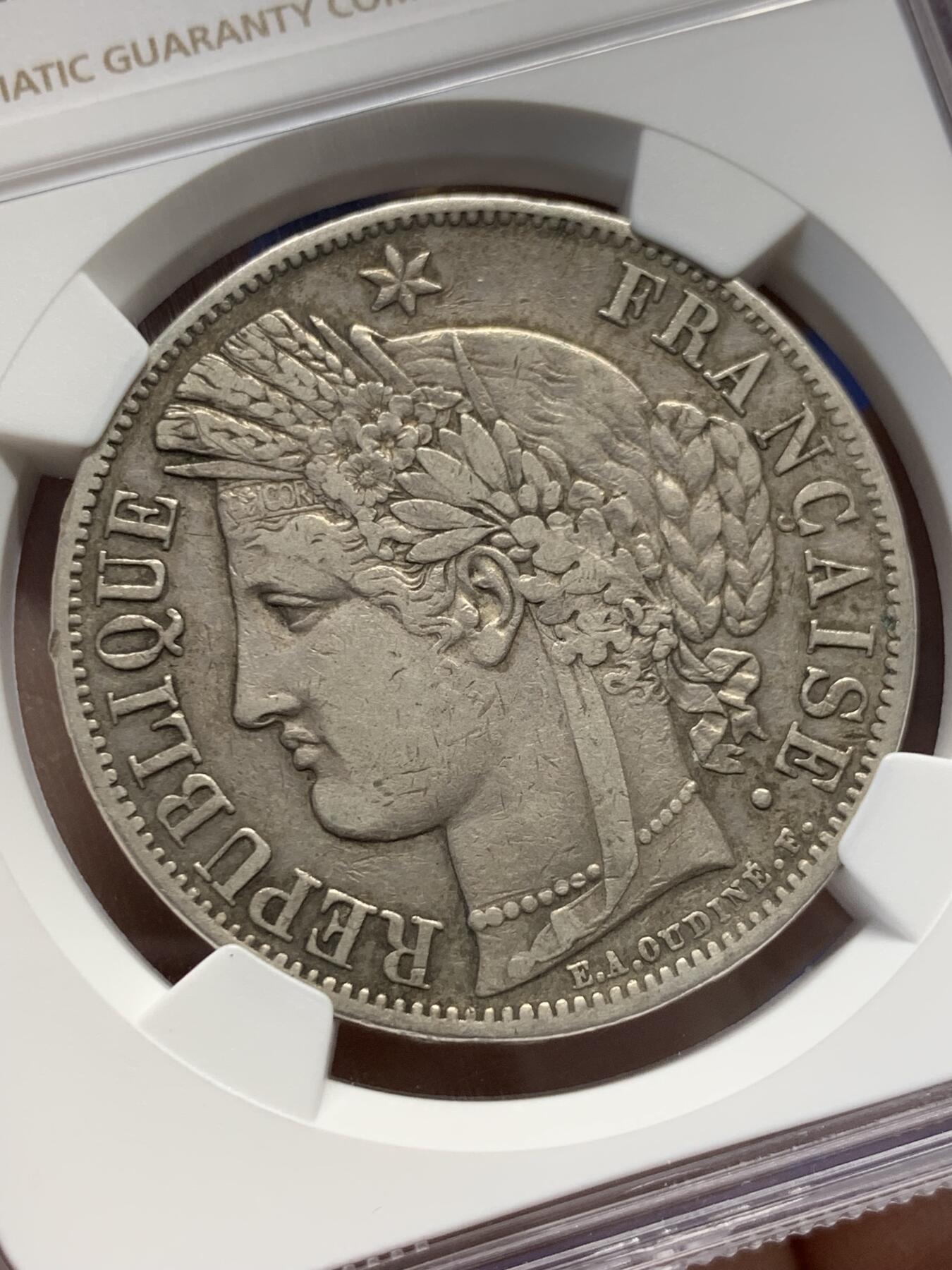 《竞宝斋》第380场 周日，周一 2场连拍 （全场包邮） NGC XF40 法国1849A谷物女神5法郎银币 原味好状态