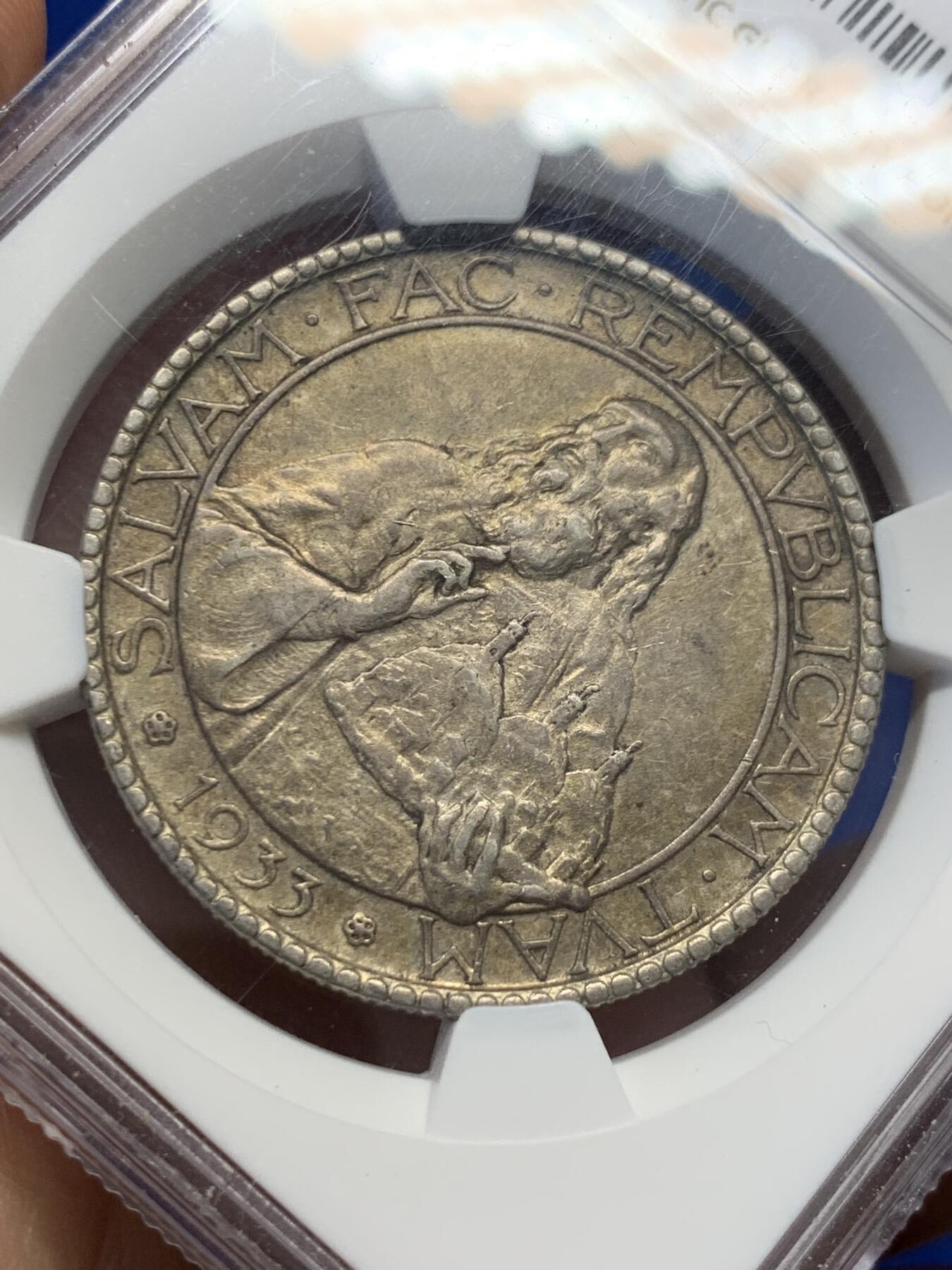 《竞宝斋》第380场 周日，周一 2场连拍 （全场包邮） NGC AU53 圣马力诺1933年20里拉大银币 深彩包浆