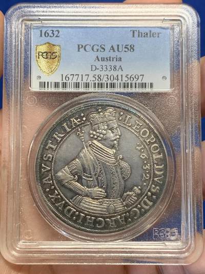 《竞宝斋》第380场 周日，周一 2场连拍 （全场包邮） - PCGS AU58 奥地利神罗 1632  利奥波德五世  泰勒大银币 人像纹章深打细节丰富 双面黑色老包浆 比普通版更为稀少